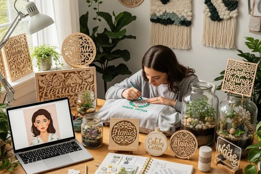 Colorful display of personalized and eco-friendly Etsy products in a creative workspace