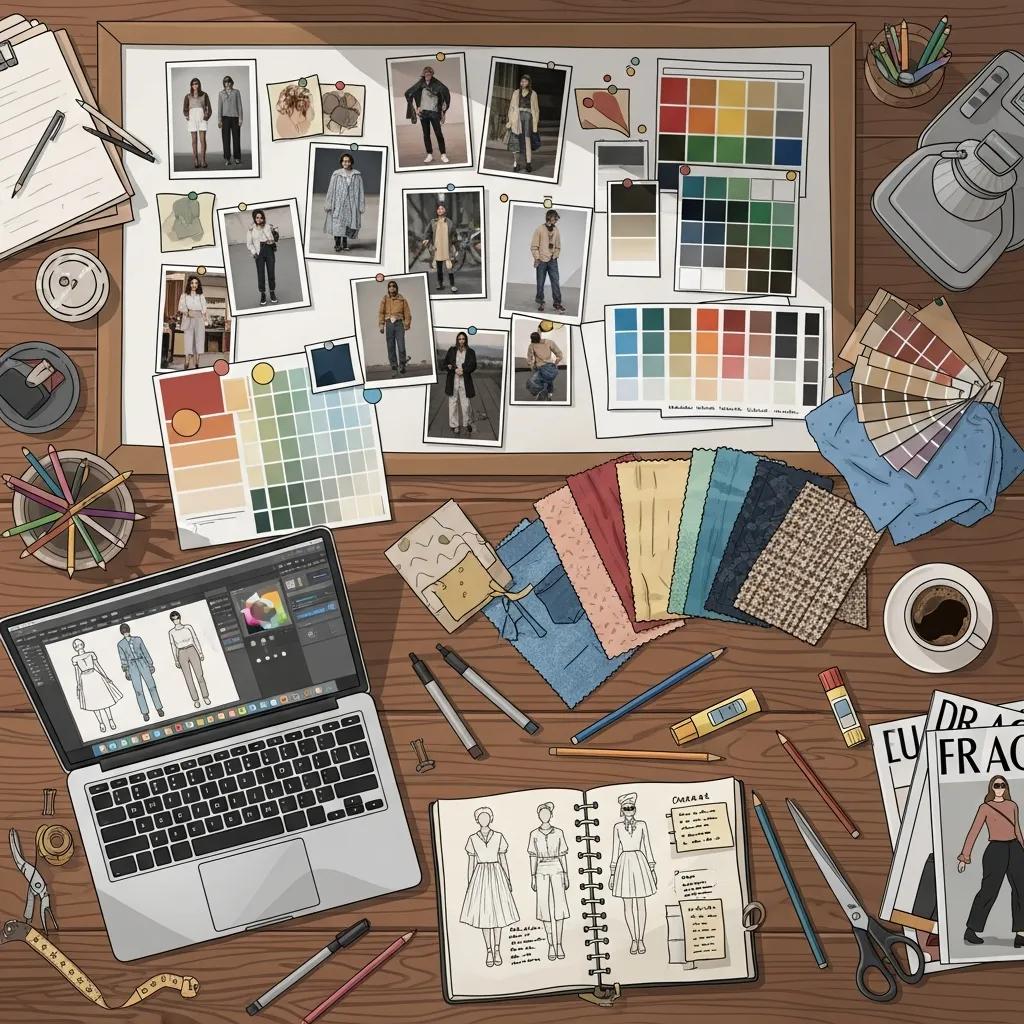 A creative workspace with a mood board of fashion concepts and color swatches