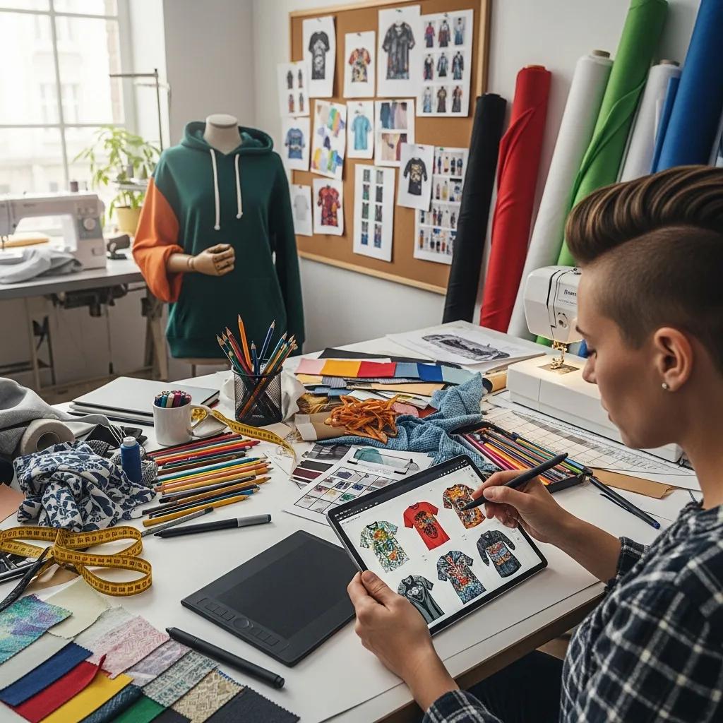 Designer working on custom apparel on a tablet