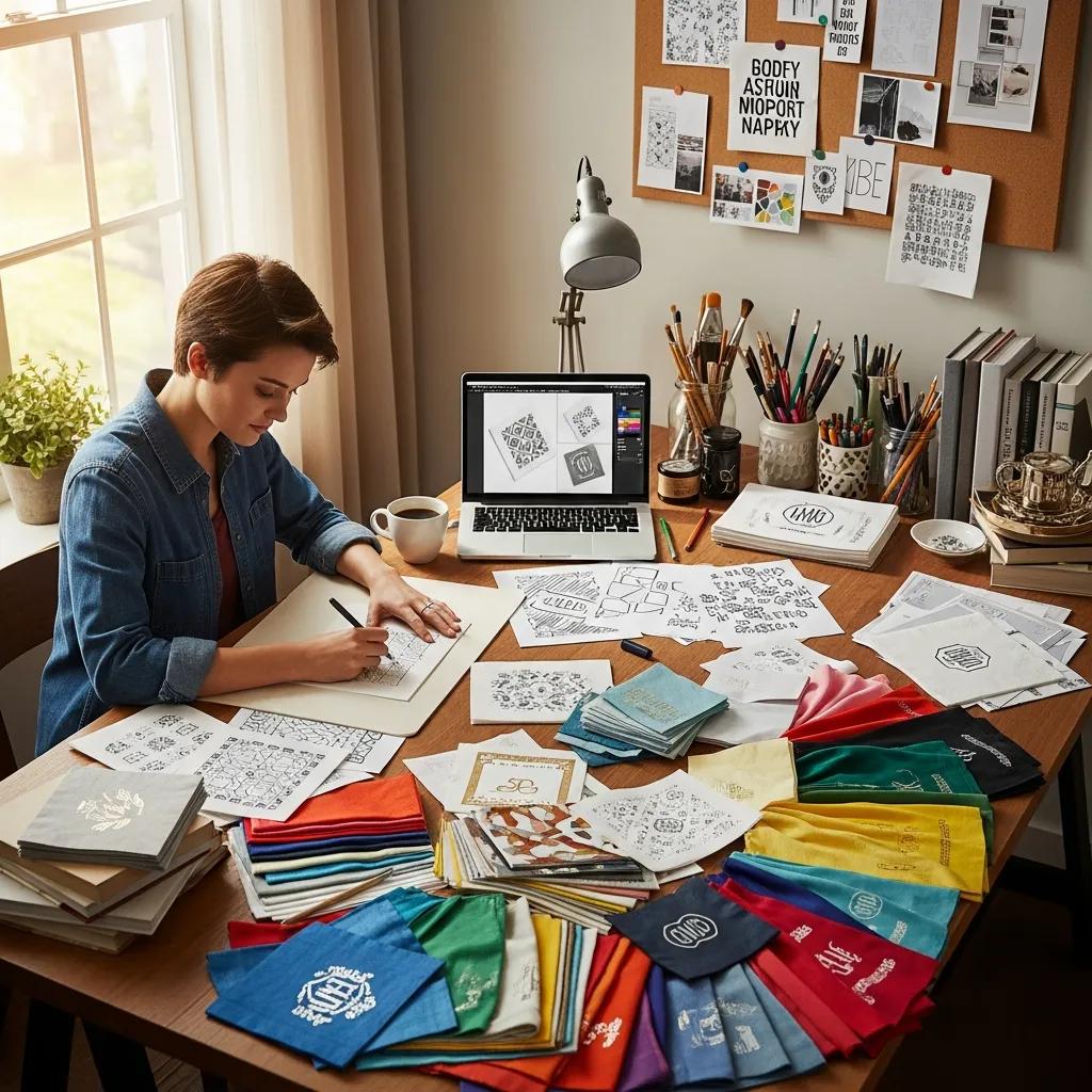 Designer sketching napkin layouts with color swatches and print samples on a desk