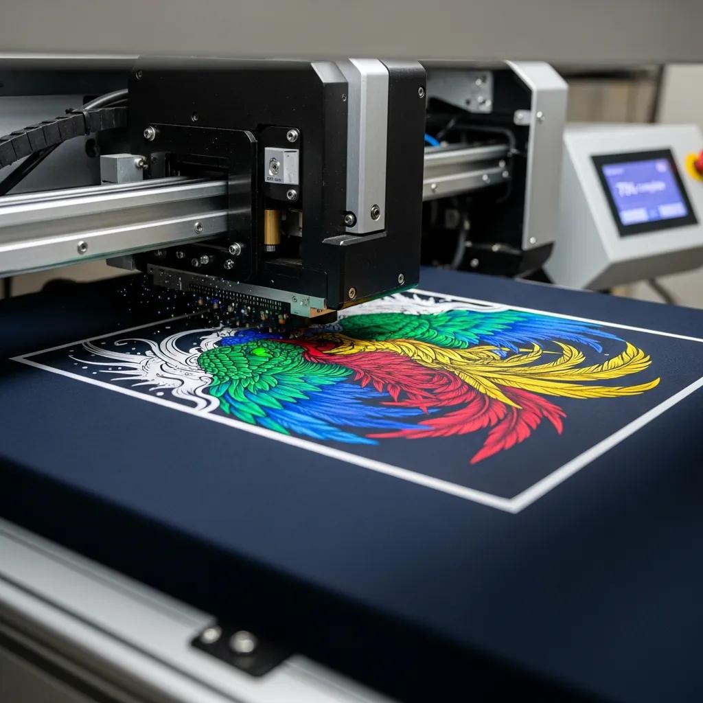 DTG printer laying down a colorful print on a cotton t-shirt