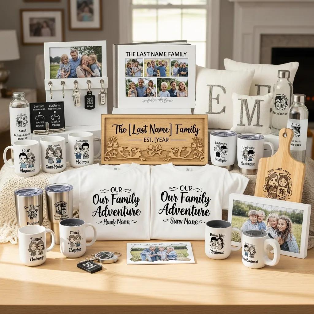 Collection of personalized family gifts: matching tees and custom drinkware on display