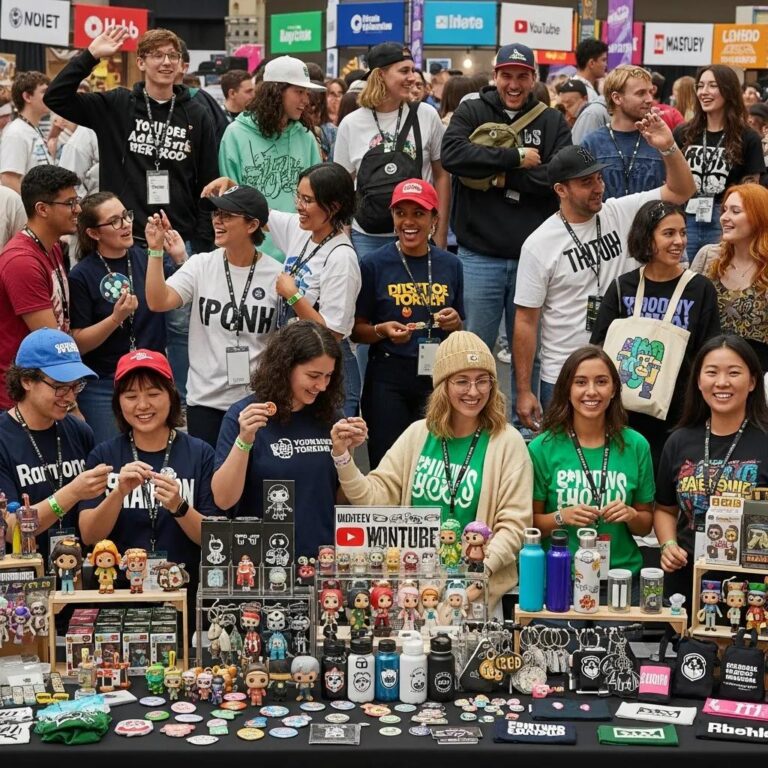 Diverse fans wearing personalized YouTuber merchandise, showcasing community engagement and unique designs