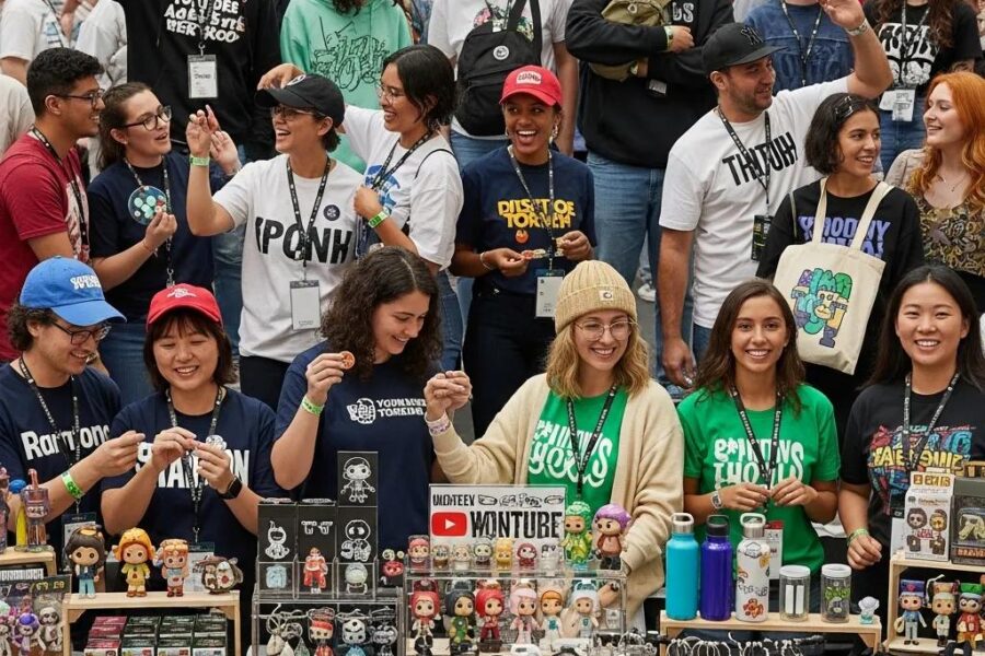 Diverse fans wearing personalized YouTuber merchandise, showcasing community engagement and unique designs