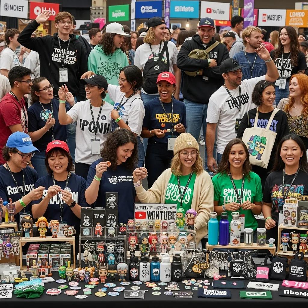 Diverse fans wearing personalized YouTuber merchandise, showcasing community engagement and unique designs
