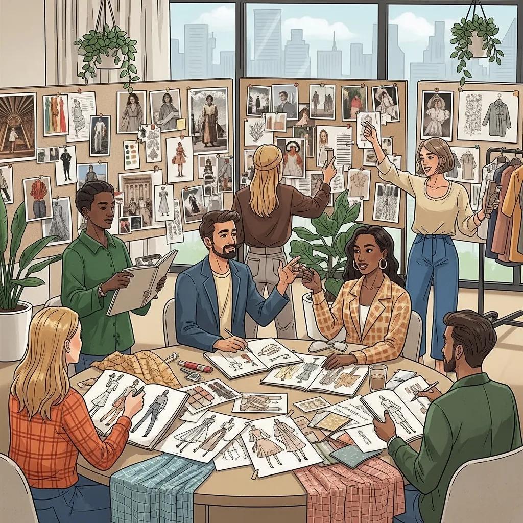 Team brainstorming fashion trends with mood boards and fabric swatches