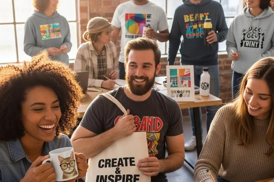 Diverse group enjoying personalized print on demand products in a lively setting
