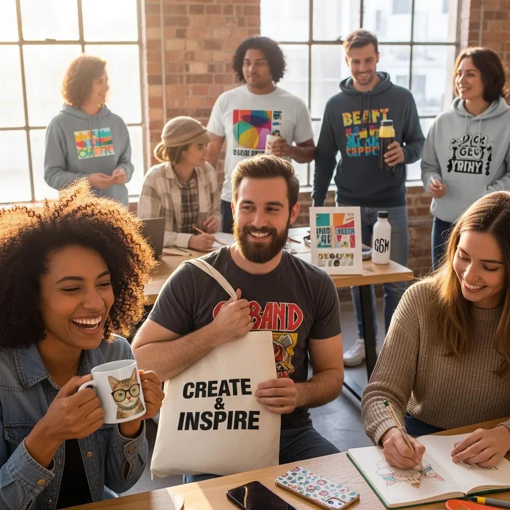 Diverse group enjoying personalized print on demand products in a lively setting