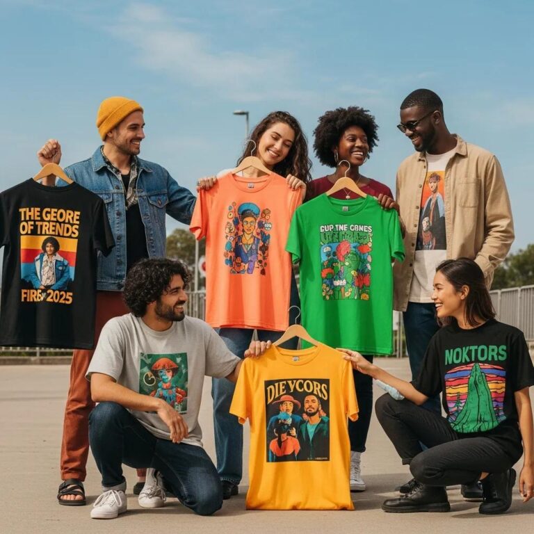 Diverse group of individuals wearing trendy custom t-shirts in a lively outdoor setting, showcasing 2025 apparel trends