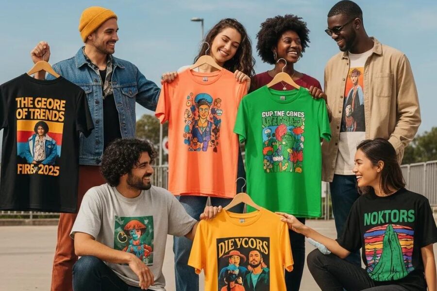 Diverse group of individuals wearing trendy custom t-shirts in a lively outdoor setting, showcasing 2025 apparel trends