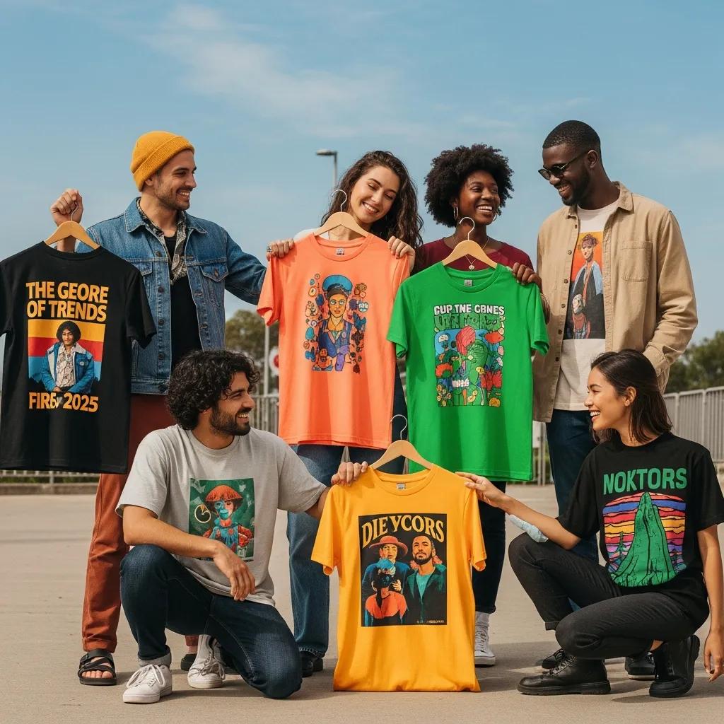 Diverse group of individuals wearing trendy custom t-shirts in a lively outdoor setting, showcasing 2025 apparel trends