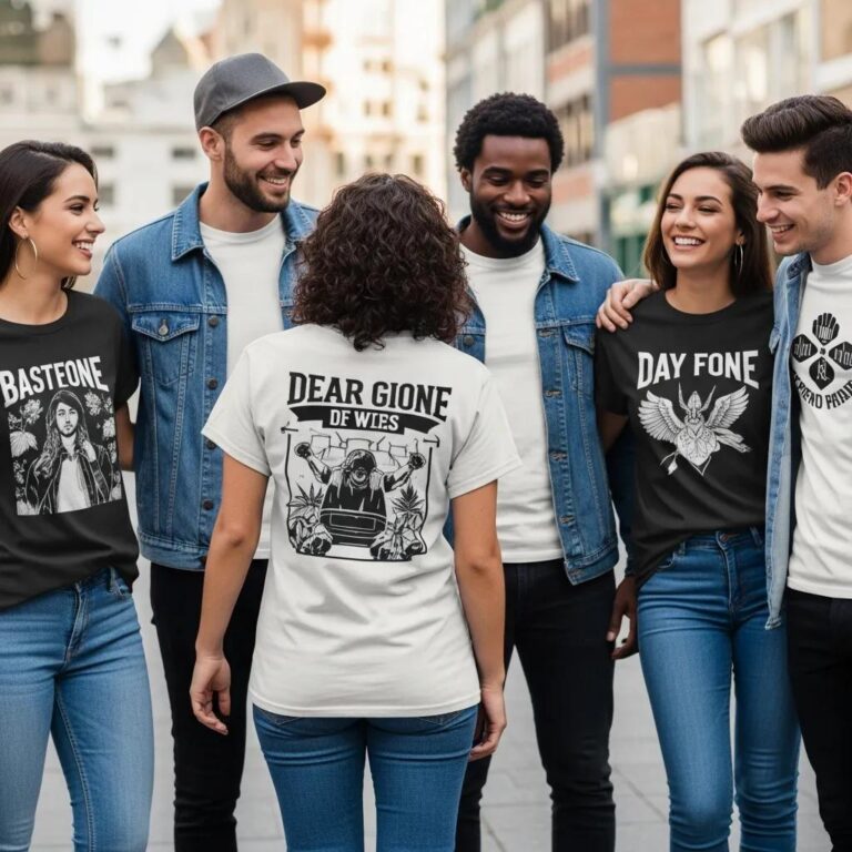 Diverse group of young adults in trendy custom apparel enjoying a vibrant urban setting