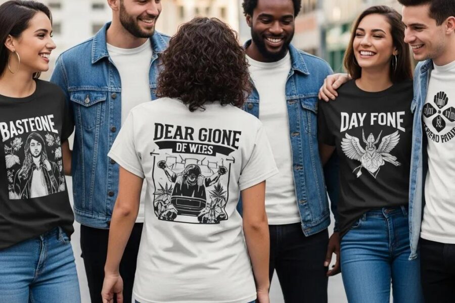 Diverse group of young adults in trendy custom apparel enjoying a vibrant urban setting