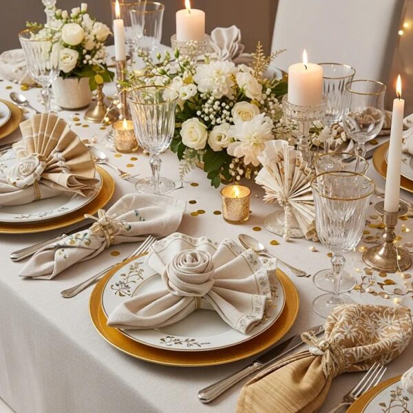 Elegant table setting with custom napkins showcasing various materials and designs