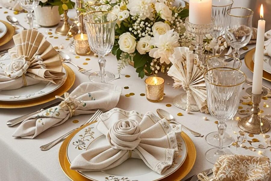 Elegant table setting with custom napkins showcasing various materials and designs