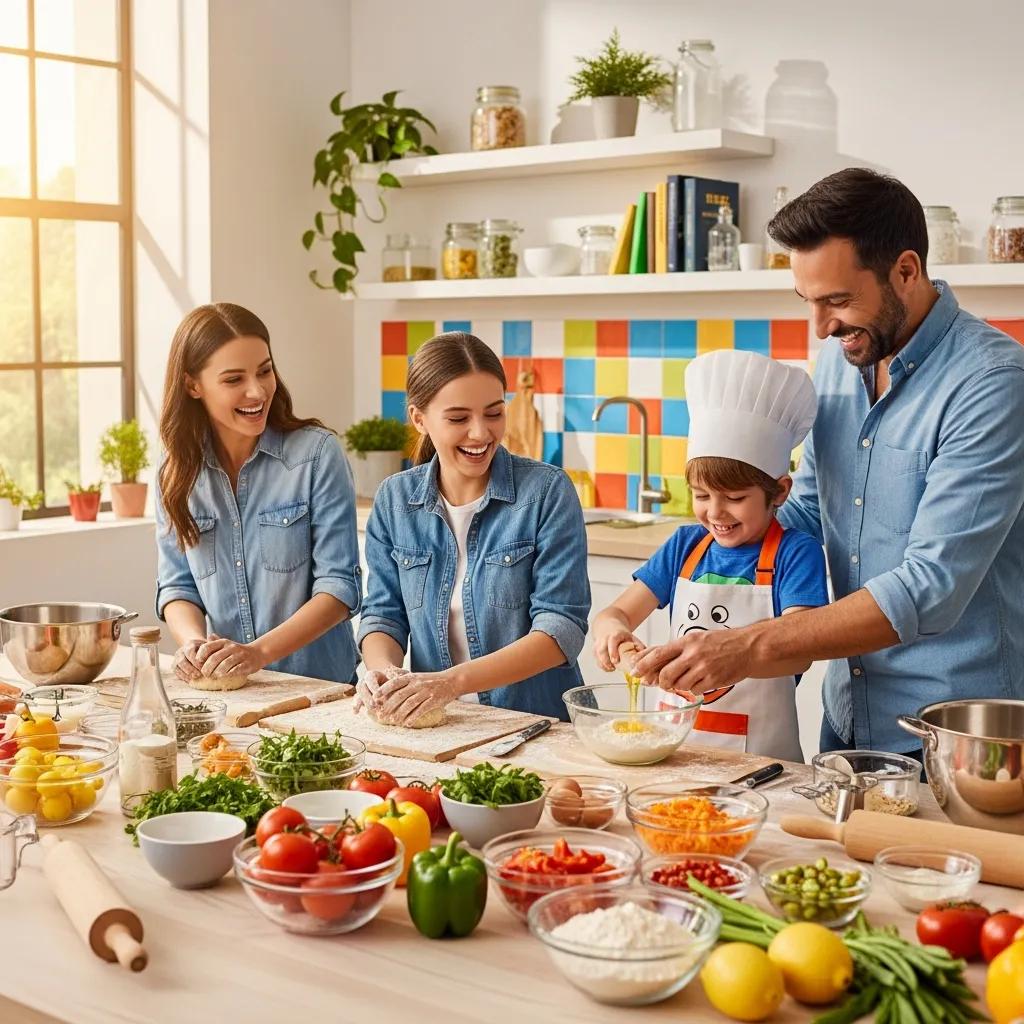 Family participating in a cooking class together, sharing a memorable experience