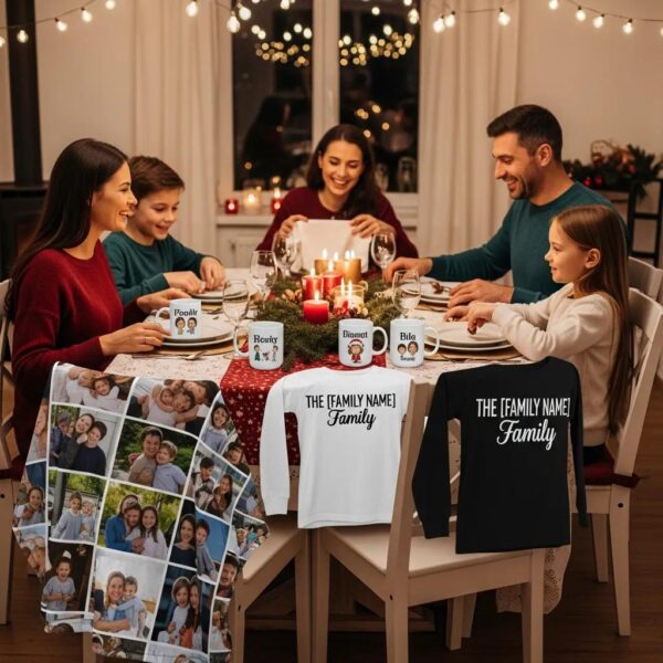 Family gathered around a table with personalized gifts, showcasing custom mugs and photo blankets