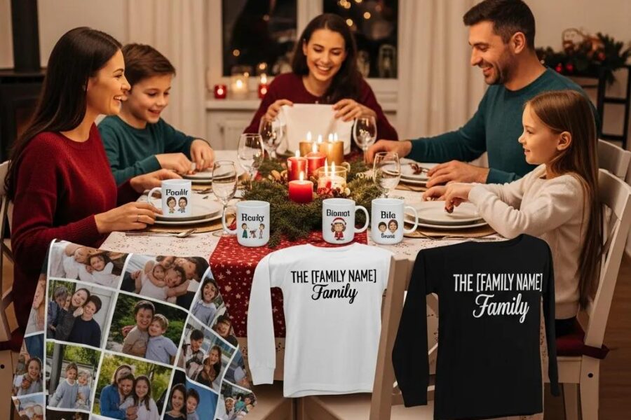 Family gathered around a table with personalized gifts, showcasing custom mugs and photo blankets