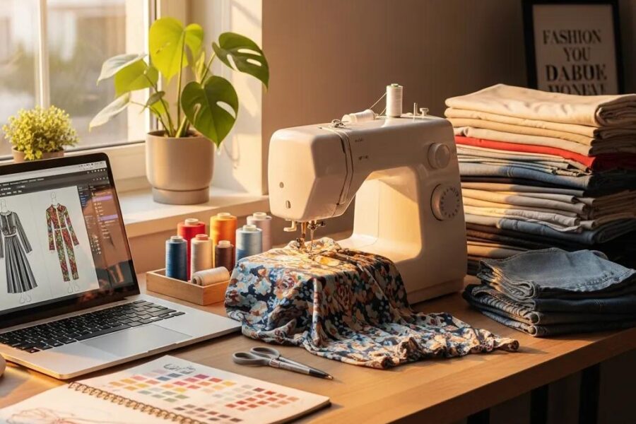 Home-based clothing business workspace with sewing machine, fabrics, and laptop