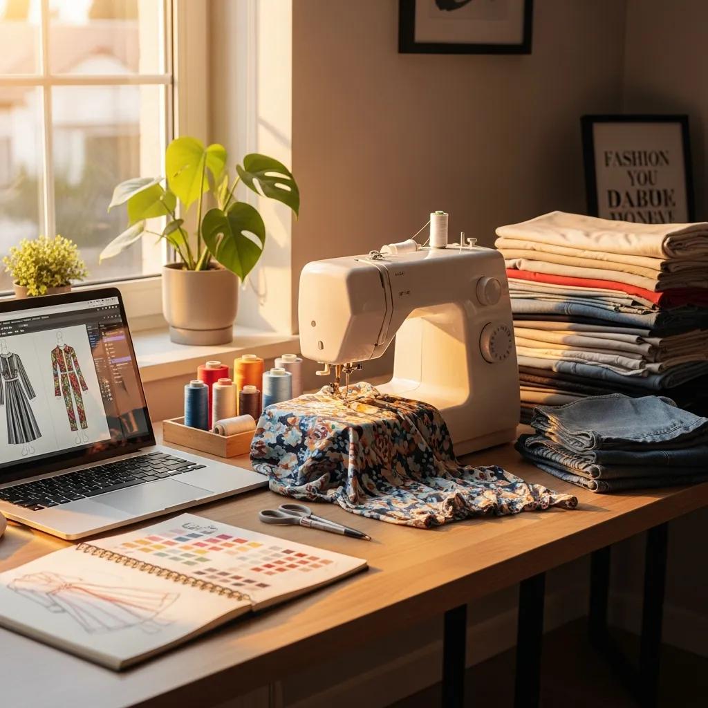 Home-based clothing business workspace with sewing machine, fabrics, and laptop