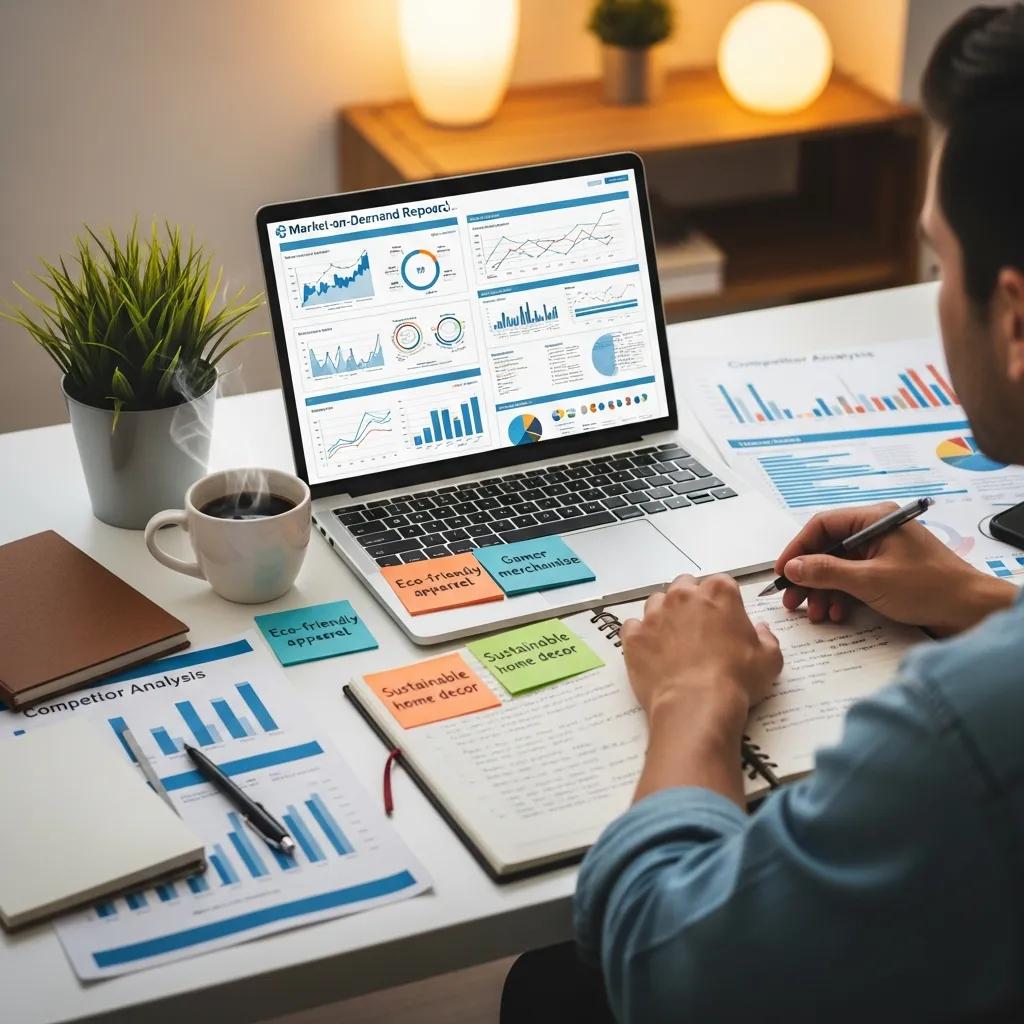 Person doing market research for print‑on‑demand niches in a bright workspace