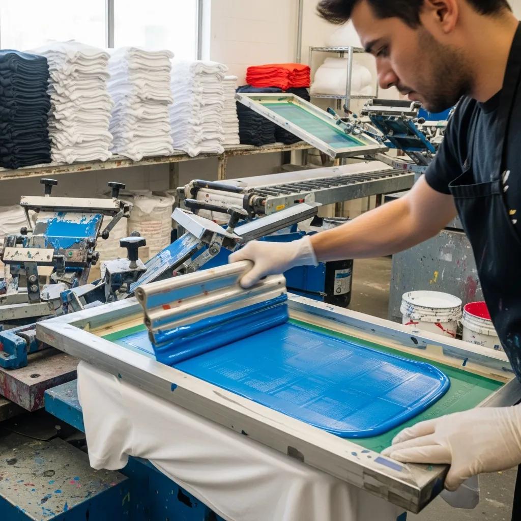 Screen printing press applying ink across multiple t-shirts
