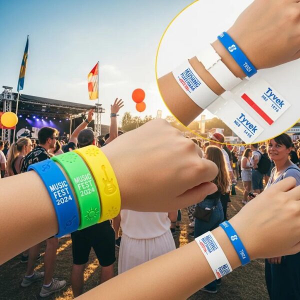 Silicone and Tyvek wristbands displayed at an outdoor event, highlighting their features and vibrant colors