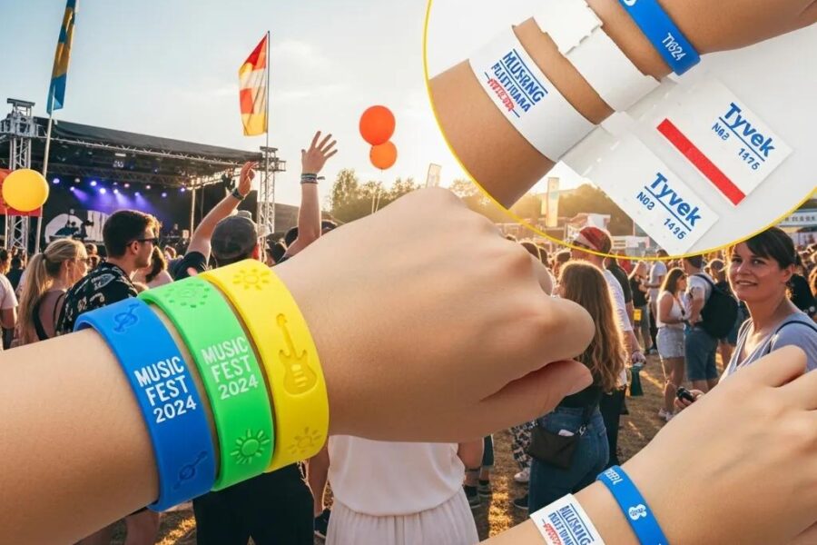 Silicone and Tyvek wristbands displayed at an outdoor event, highlighting their features and vibrant colors