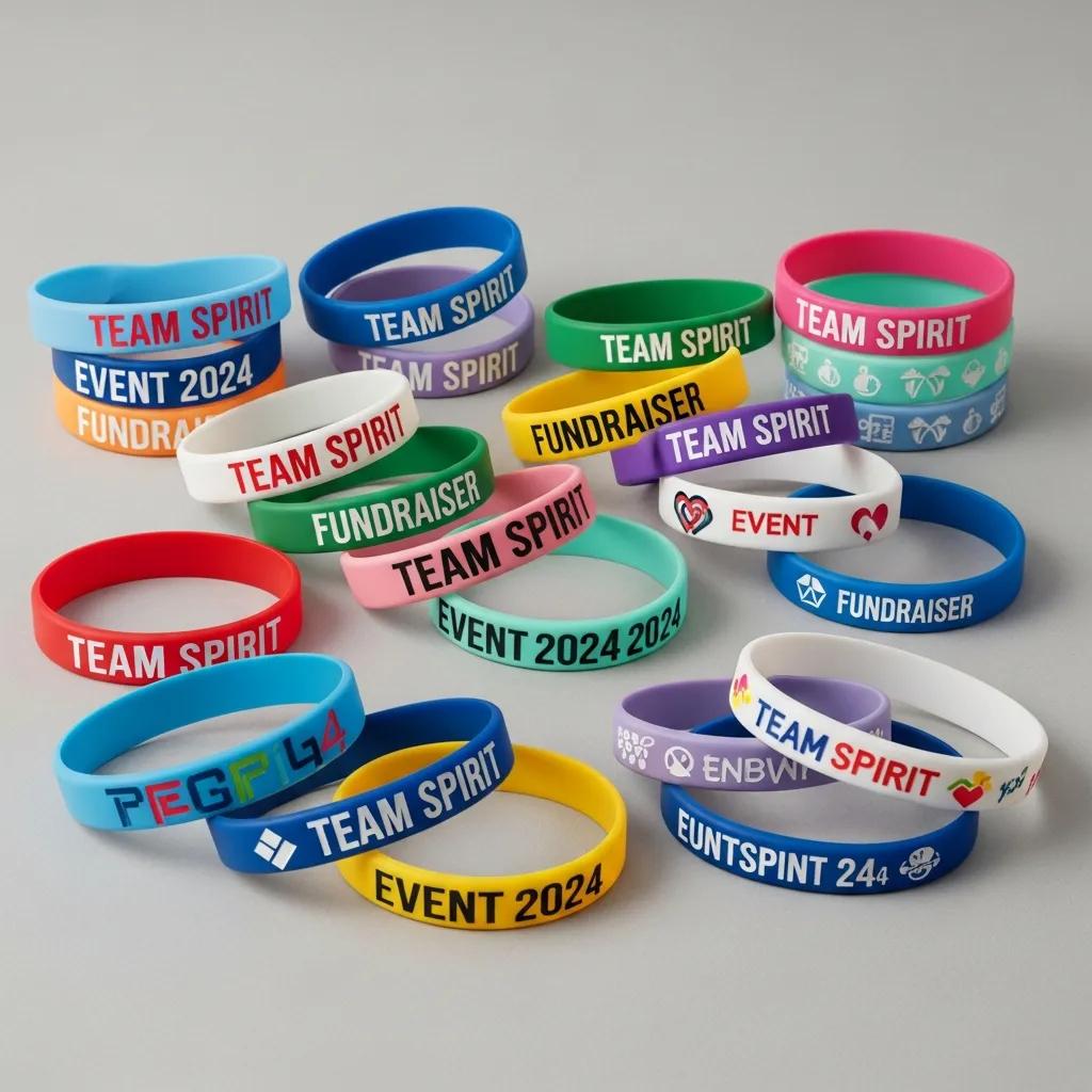 A range of customizable silicone wristbands in multiple colors and styles