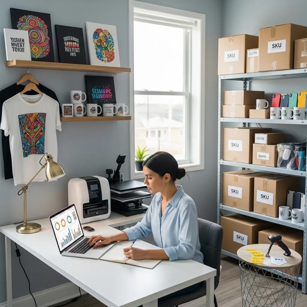 Business owner reviewing sales data alongside both print-on-demand and bulk inventory products to illustrate a hybrid model