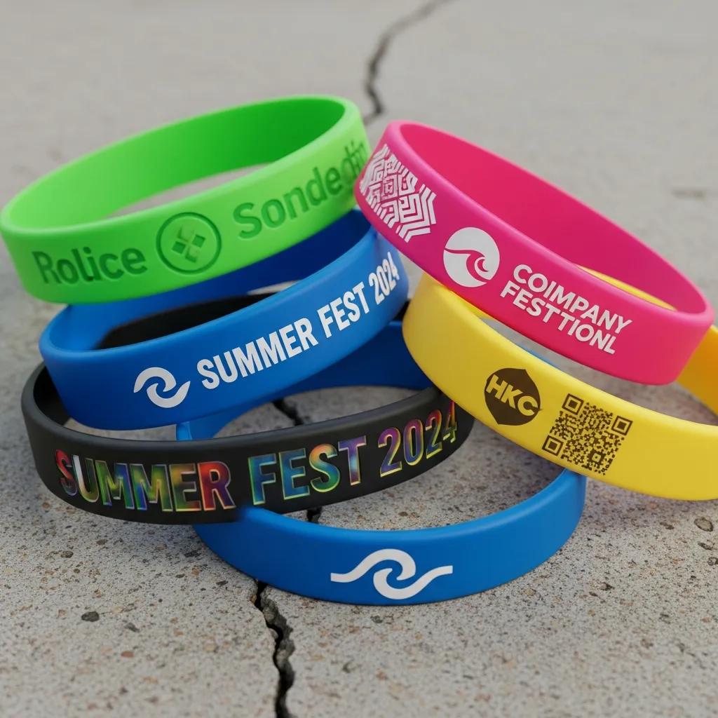 Close-up of custom silicone wristbands showing logo, color, and text options