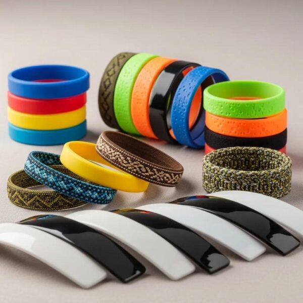 Colorful wristbands made from silicone, Tyvek, vinyl, and fabric showcasing various textures and styles