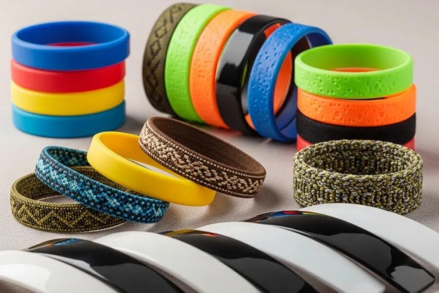 Colorful wristbands made from silicone, Tyvek, vinyl, and fabric showcasing various textures and styles