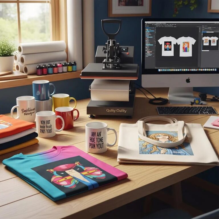 Customizable products in a creative workspace representing print-on-demand fulfillment