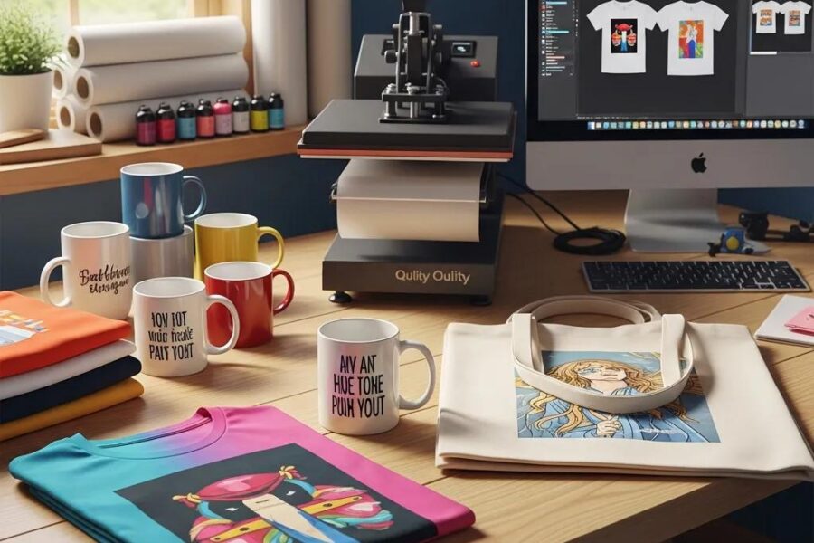 Customizable products in a creative workspace representing print-on-demand fulfillment