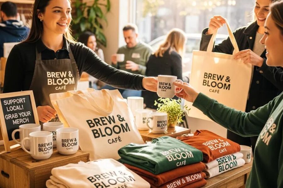 Diverse custom promotional products displayed in a small business setting, enhancing brand visibility