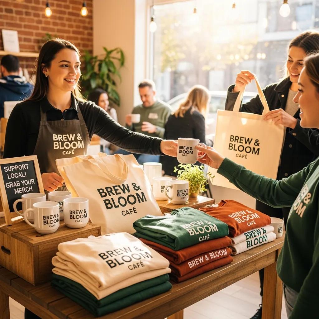 Diverse custom promotional products displayed in a small business setting, enhancing brand visibility