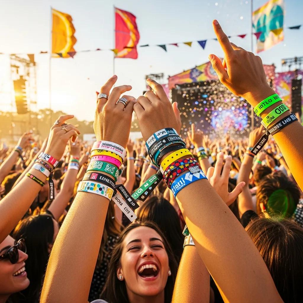 Crowd wearing colorful silicone, vinyl, and fabric wristbands at an outdoor festival
