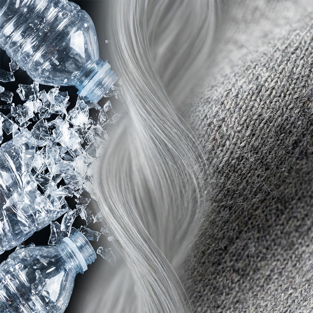 Lifecycle of rPET fabric showing plastic bottles transformed into high-quality woven textile