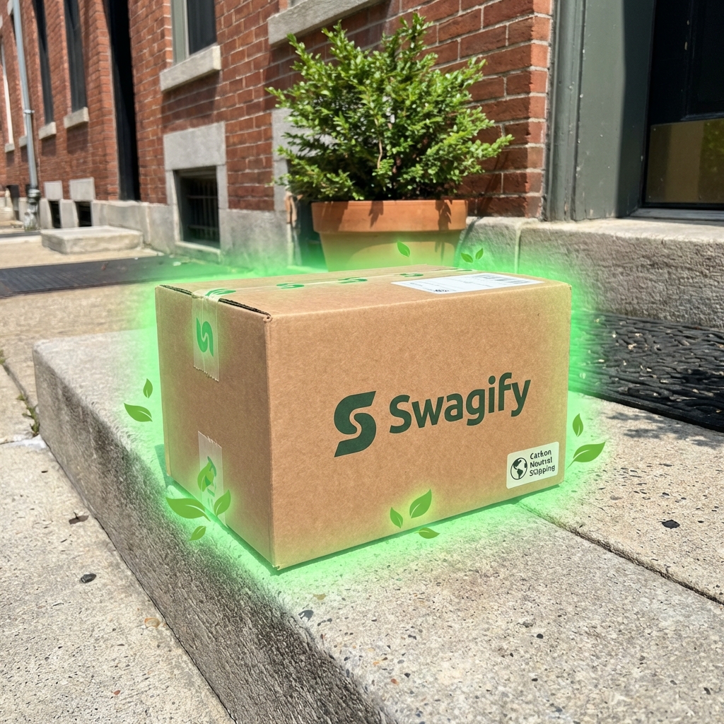 Swagify box on a doorstep with green glow symbolizing carbon neutral shipping