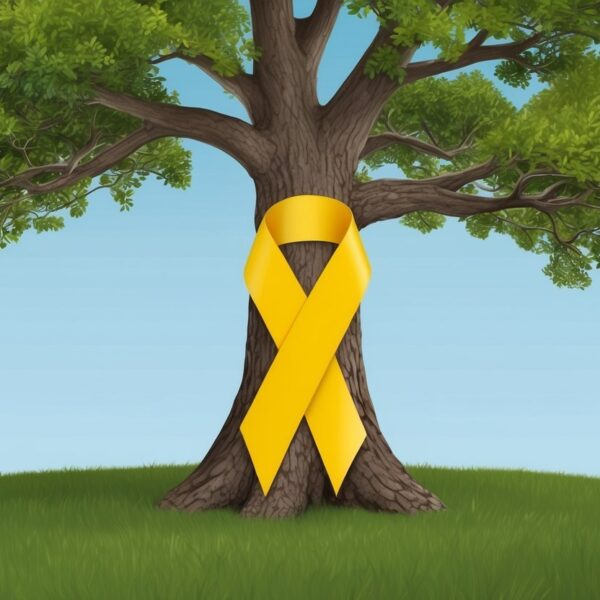A yellow ribbon tied around a sturdy oak tree, symbolizing hope and remembrance