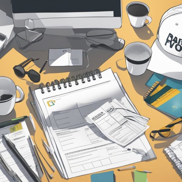 A pile of branded company swag sits on a desk, including shirts, mugs, and pens. A tax form hovers nearby, with a question mark above it