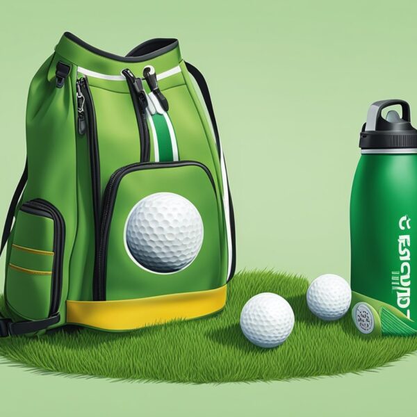 A golf swag bag sits on a lush green fairway, filled with branded golf balls, tees, a towel, and a water bottle