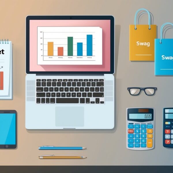A desk with a calculator, notepad, and pen. A laptop open to a spreadsheet. Various swag items like t-shirts and water bottles scattered around