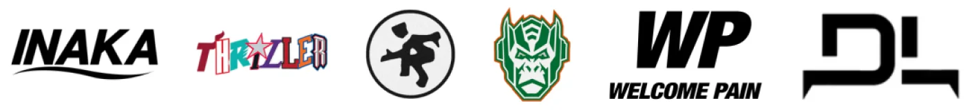 Logos of various streetwear brands including INAKA, THRILLER, and WELCOME PAIN, showcasing vibrant designs printed by Swagify
